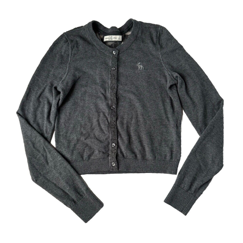 Abercrombie & Fitch Sweater Women’s Medium Gray Crop Cardigan Logo Lace Accent